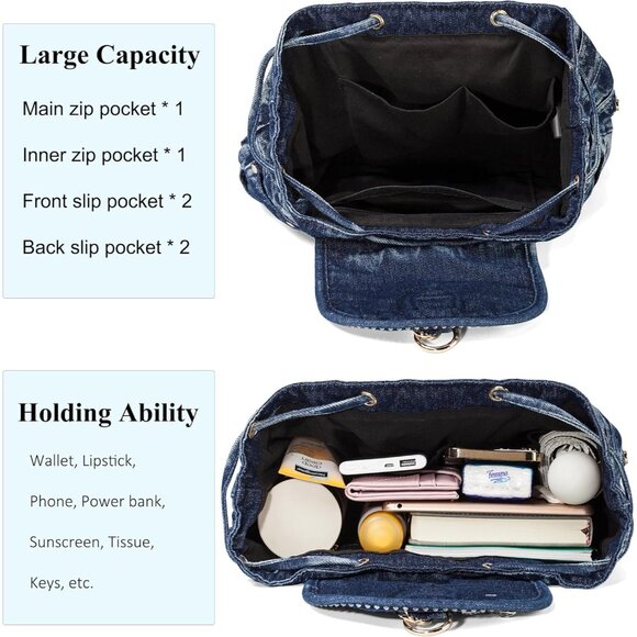 Blue Denim Backpack Purse with Rhinestones, Casual Daypack, 15-inch - Picture 5 of 7